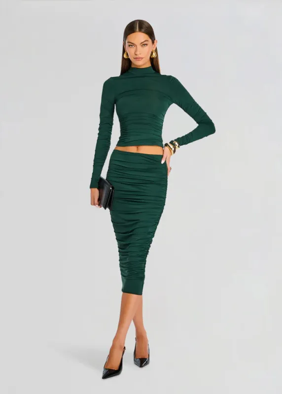 SER.O.YA - Darcy Mid Rise Ruched Midi Skirt - Evergreen sold by Jessie Boutique