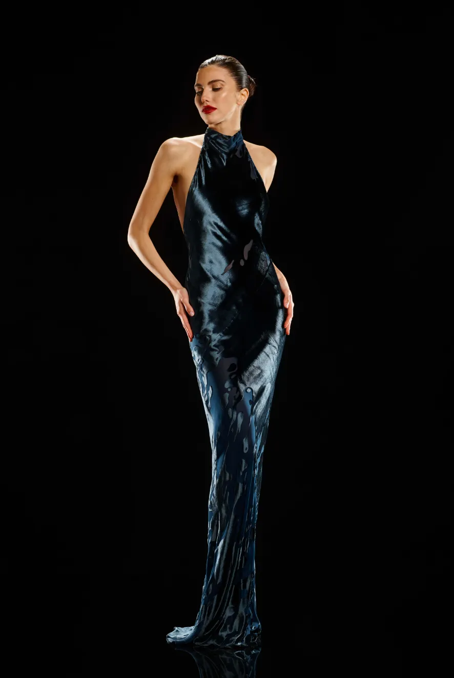 The Sei - Halter Drape Bias Gown - Slate Blue sold by Jessie Boutique