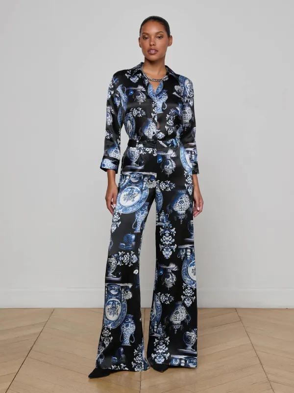 L'agence - Pilar Silk Wide-Leg Pant - Black/Blue Large Porcelain sold by Jessie Boutique