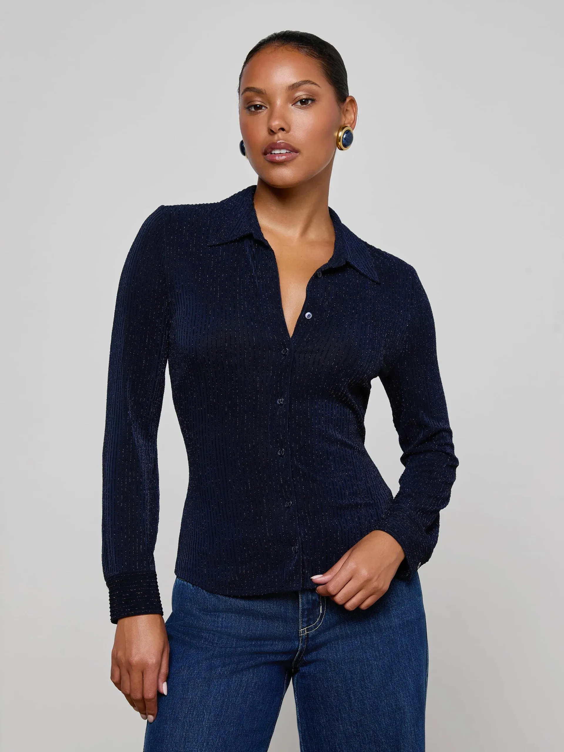 L'agence - Indiana Blouse - Midnight/Metallic Pinstripe sold by Jessie Boutique