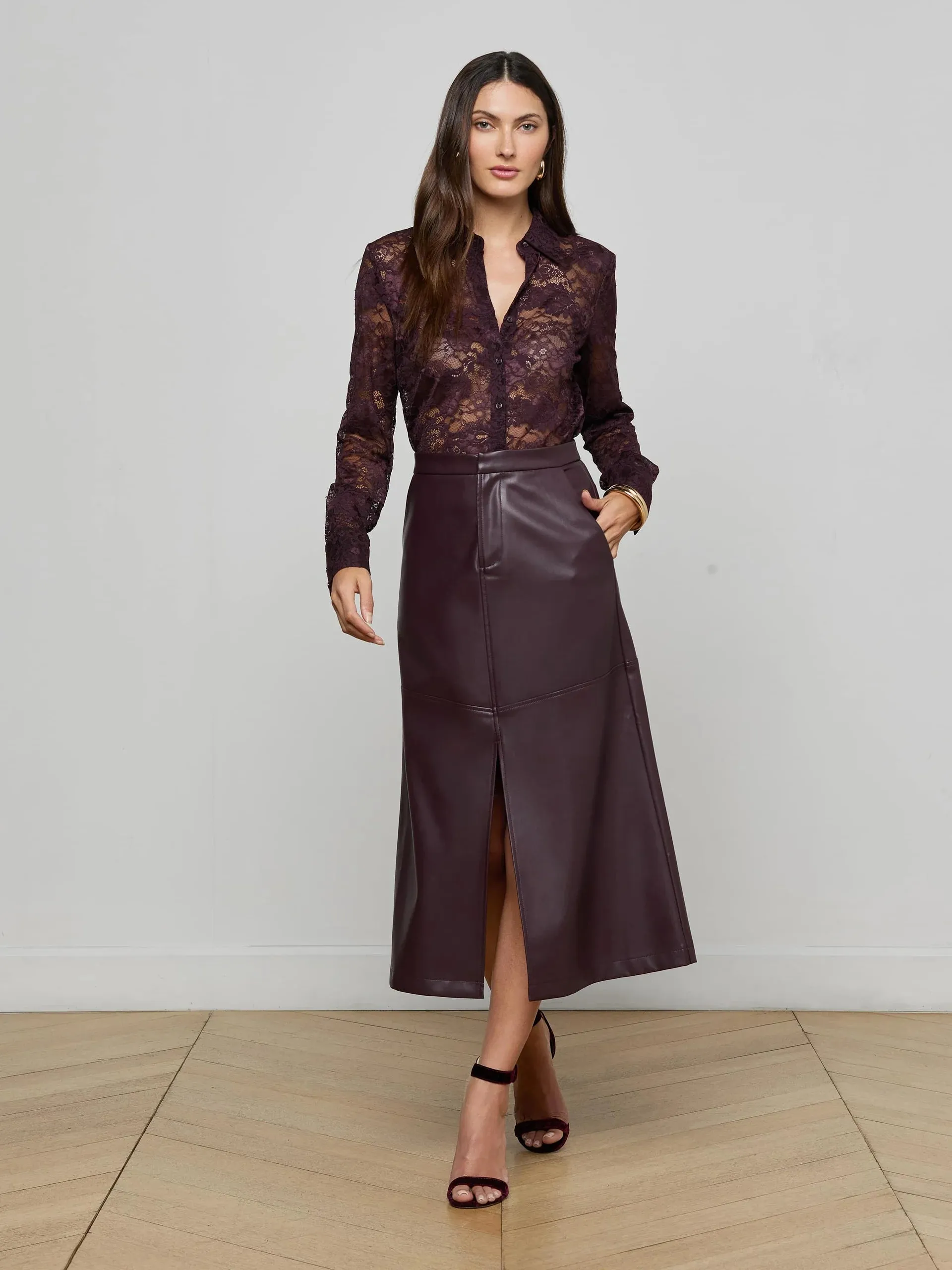 L'agence - Robyn Vegan Leather Midi Skirt - Dark Malbec sold by Jessie Boutique