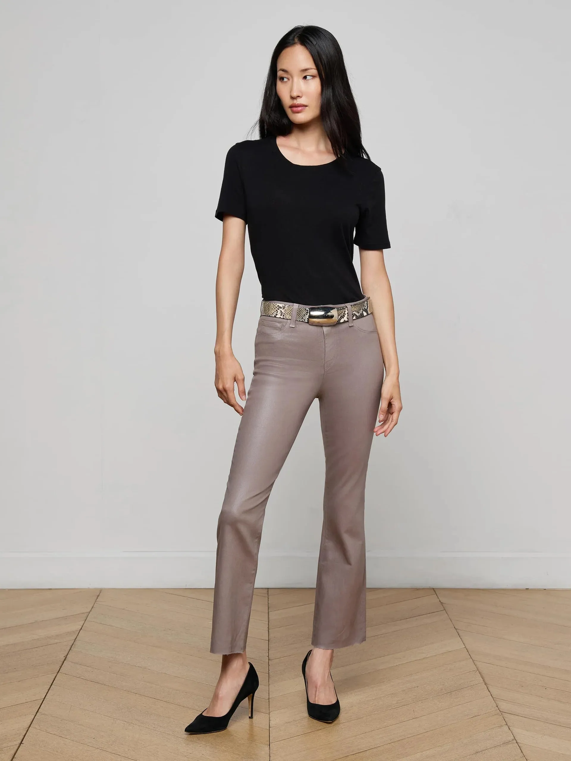 L'agence - Kendra Coated Cropped Flare Jean - Driftwood Coated sold by Jessie Boutique