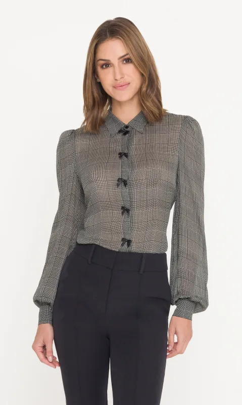Generation Love - Arly Bow Georgette Blouse - White/Black Plaid sold by Jessie Boutique