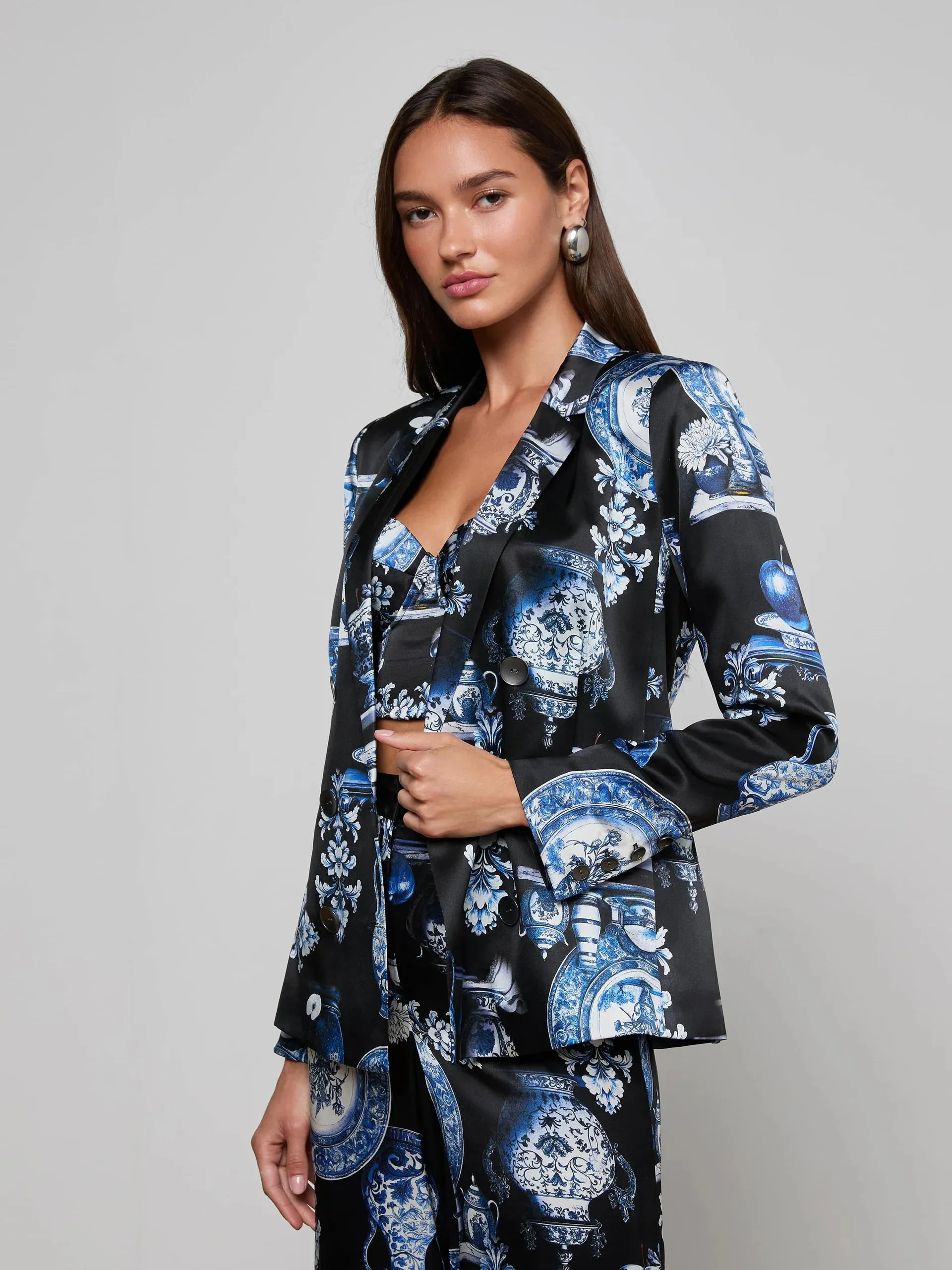 L'agence - Colin Silk Blazer - Black/Blue Large Porcelain sold by Jessie Boutique product image thumbnail 2