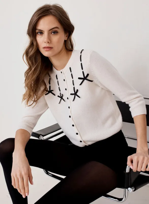 Autumn Cashmere - Cardigan W/ Black Ribbon - Chalk sold by Jessie Boutique