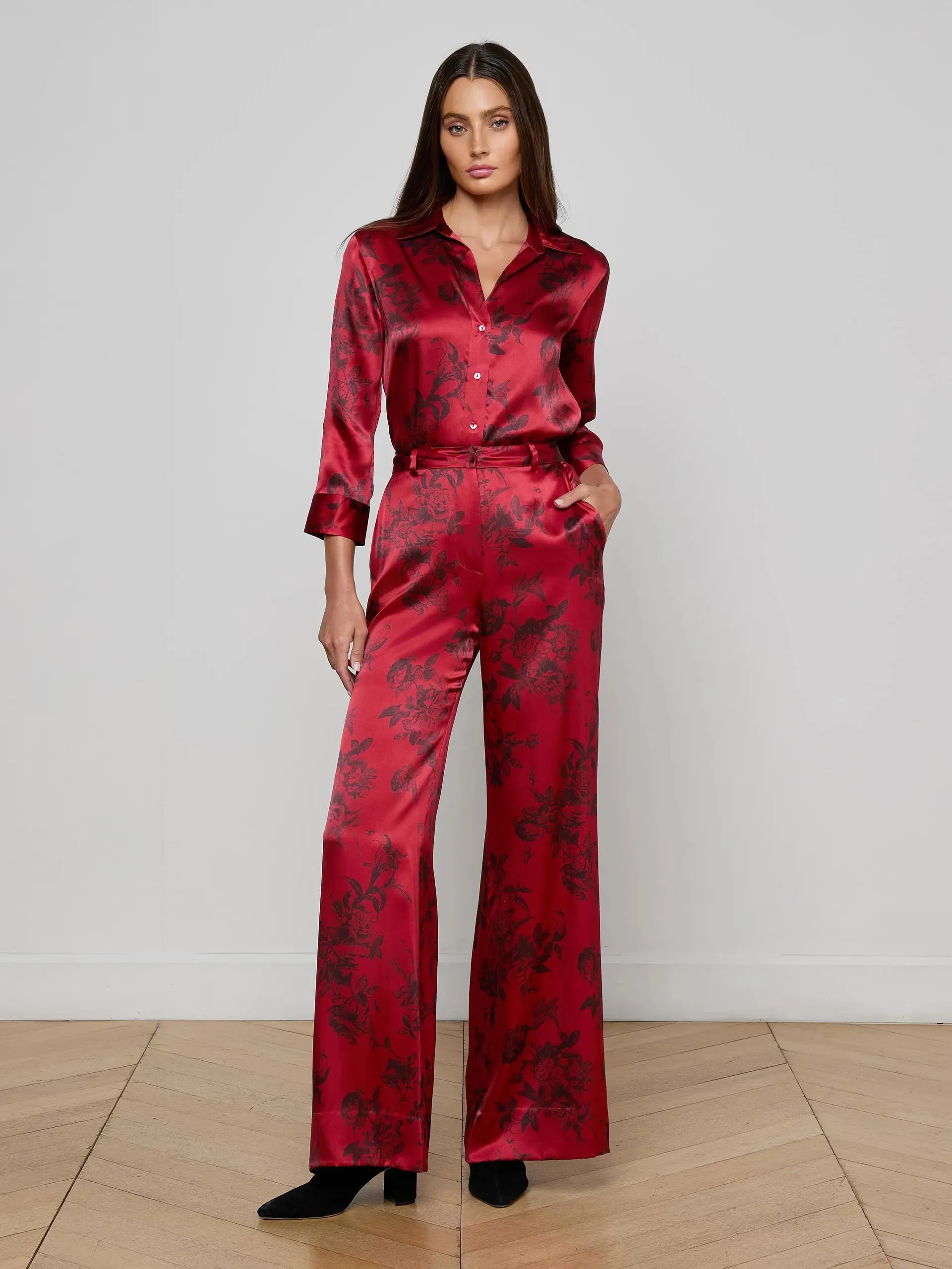 L'agence - Pilar Silk Wide-Leg Pant - Burgundy Painterly Floral sold by Jessie Boutique