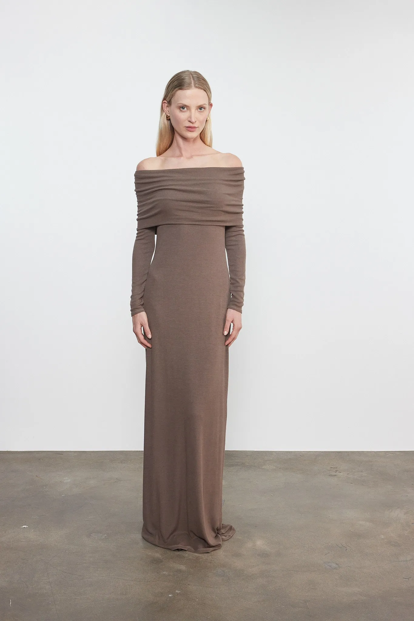 Enza Costa - Silk Rib Off Shoulder Fluid Dress - Mushroom sold by Jessie Boutique