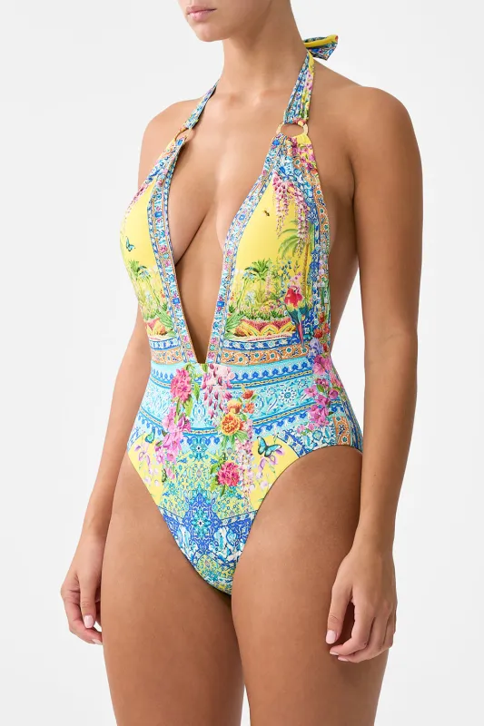 Camilla - Plunge Front Low Back Halter Neck One Piece With Rings - Sultanahmet Summer sold by Jessie Boutique