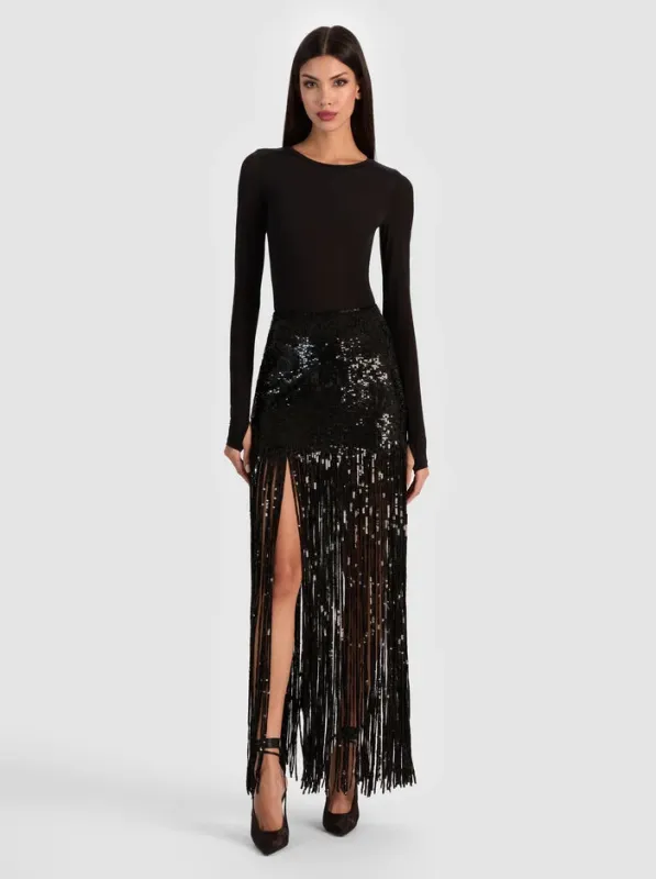 Alice + Olivia - Kendra Sequin Fringe Maxi Skirt - Black sold by Jessie Boutique