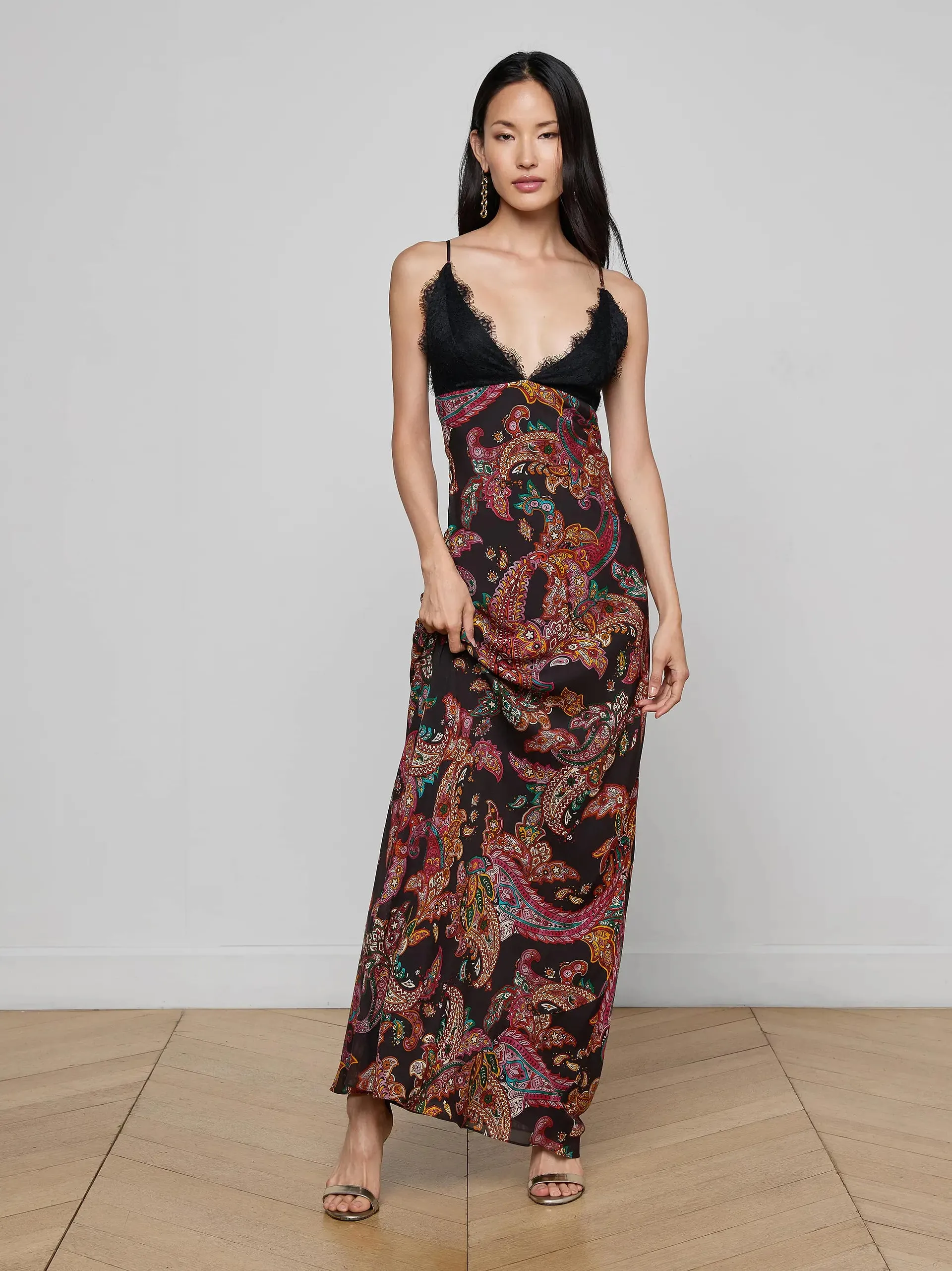 L'agence - Susanna Silk Lace Gown - Black Multi Paisley Scroll sold by Jessie Boutique