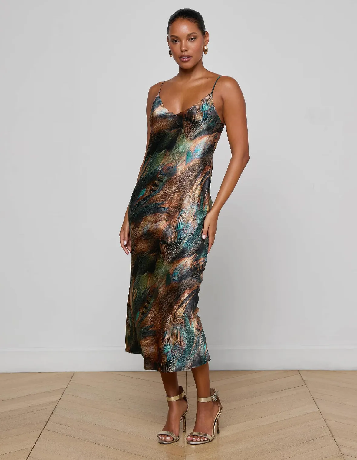L'agence - Seridie Silk Slip Dress - Teal Multi Mix Feather sold by Jessie Boutique