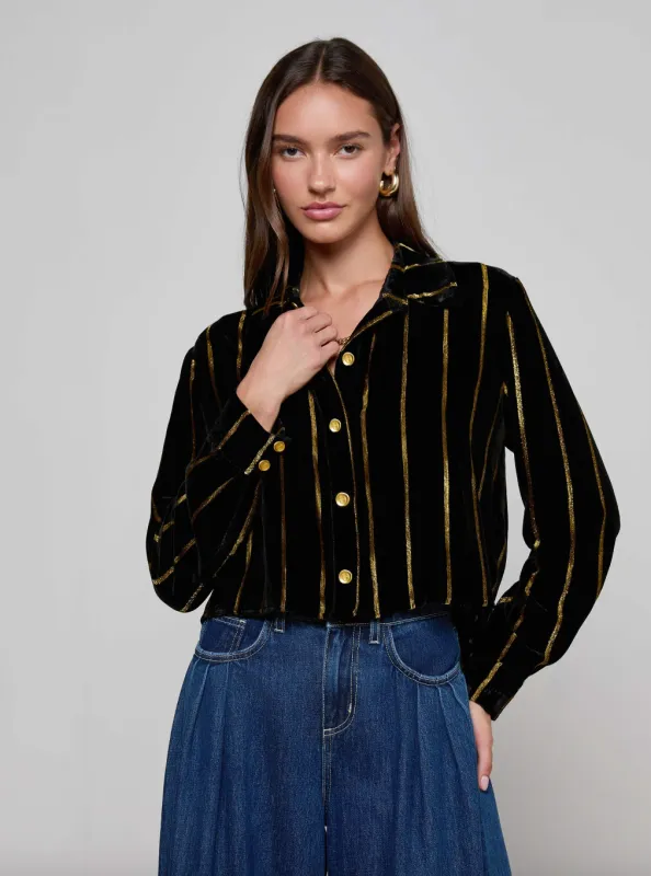 L'agence - Cosette Velvet Shirt - Black/Gold Stripe sold by Jessie Boutique
