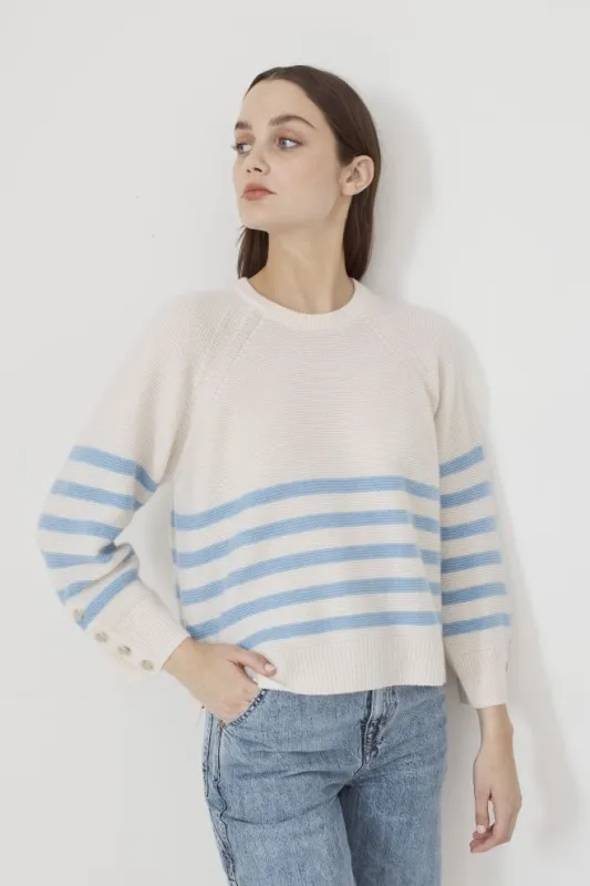 Autumn Cashmere - Breton Stripe Links Stitch Raglan Crew - Chalk/Heather Combo sold by Jessie Boutique