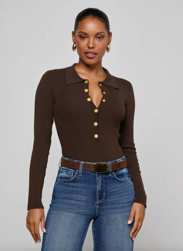 L'agence - Elisabetta Knit Bodysuit - Dark Brown/Gold sold by Jessie Boutique