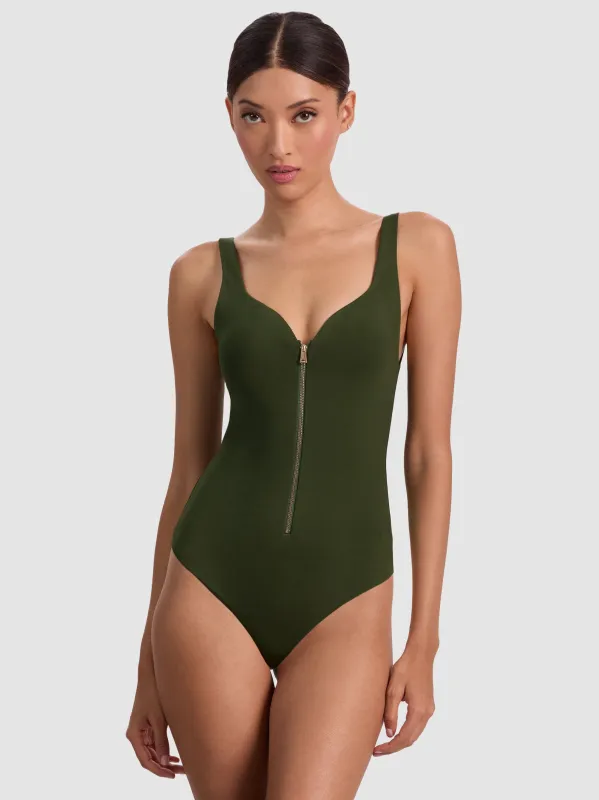 Alice + Olivia - Eve Zip Front Bodysuit - Dark Olive sold by Jessie Boutique