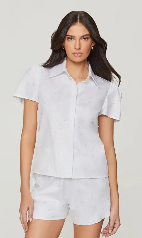 Generation Love - Murphy Pearl Embellished Poplin Shirt - White sold by Jessie Boutique