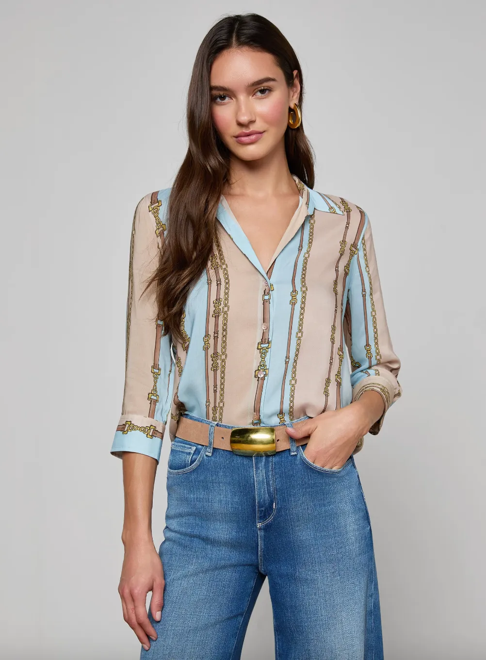 L'agence - Camille Blouse - Taupe/Light Sage Belt Stripe sold by Jessie Boutique product image thumbnail 2