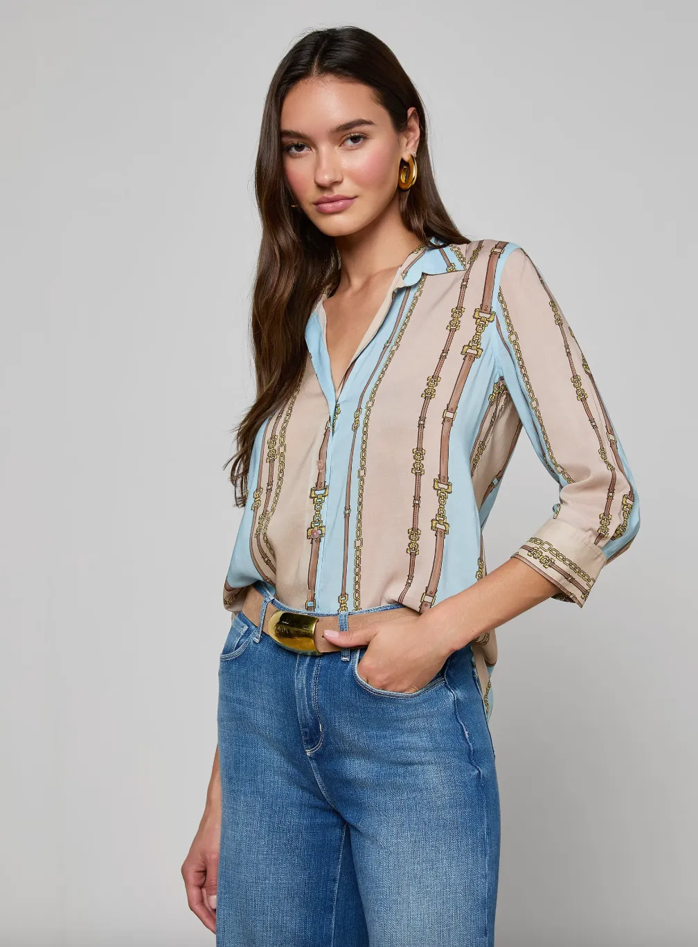 L'agence - Camille Blouse - Taupe/Light Sage Belt Stripe sold by Jessie Boutique product image thumbnail 3