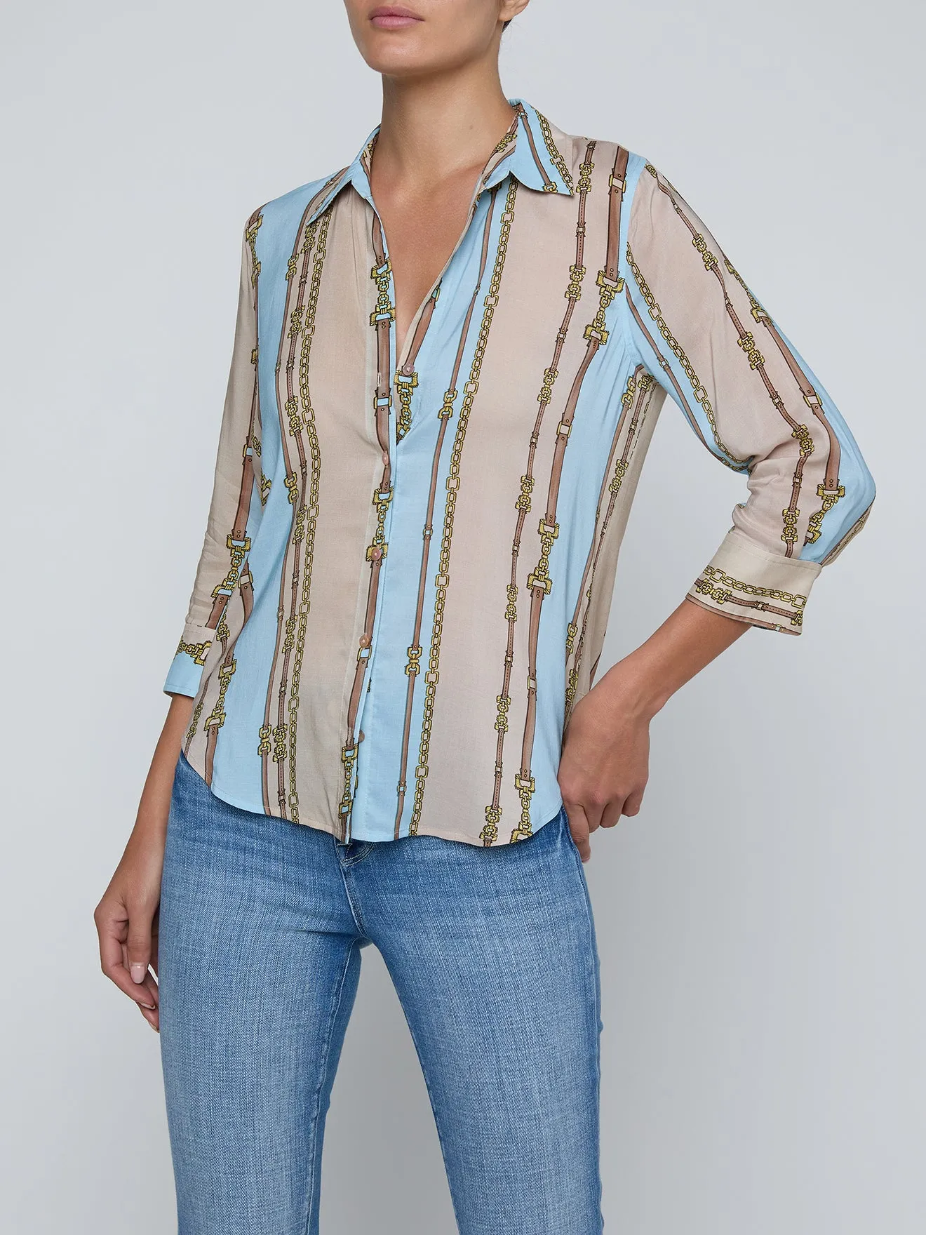 L'agence - Camille Blouse - Taupe/Light Sage Belt Stripe sold by Jessie Boutique product image thumbnail 4