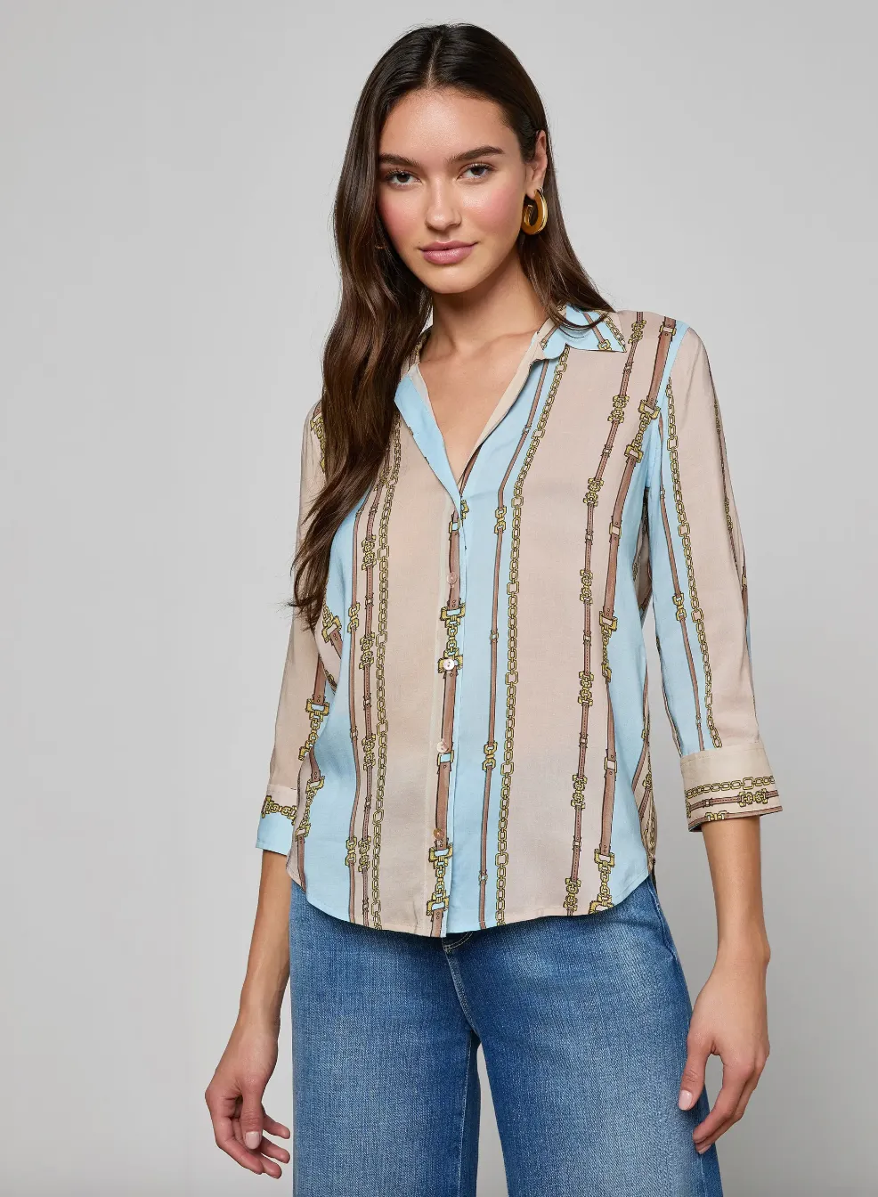 L'agence - Camille Blouse - Taupe/Light Sage Belt Stripe sold by Jessie Boutique