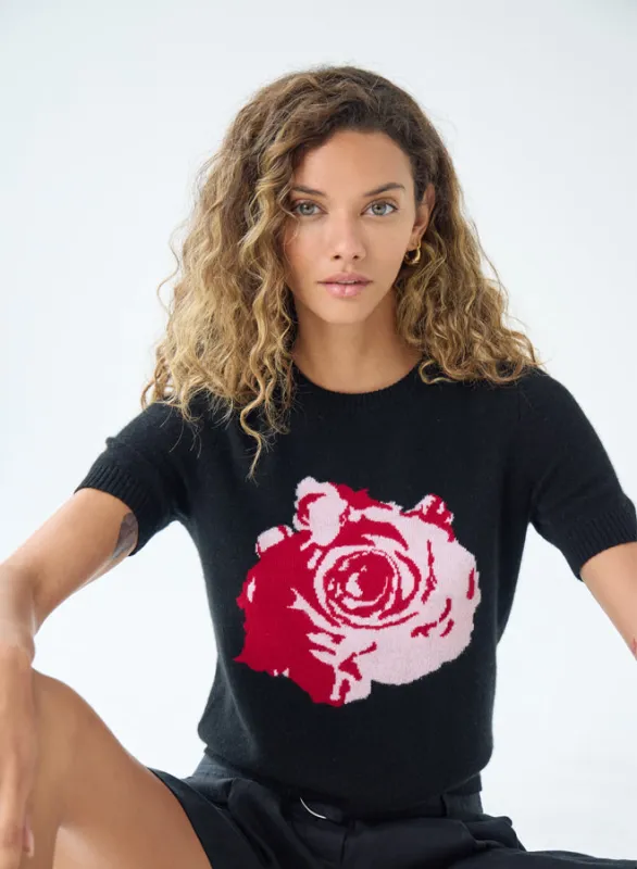 Autumn Cashmere - Cropped S/S Rose Crew - Black Combo sold by Jessie Boutique