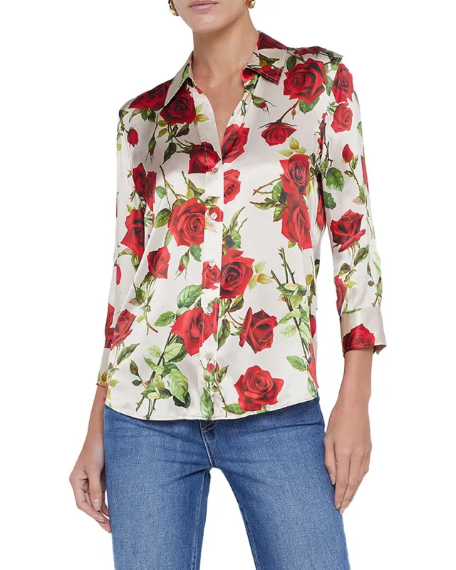 L'agence - Dani Silk Blouse - White/Red Romantic Rose sold by Jessie Boutique