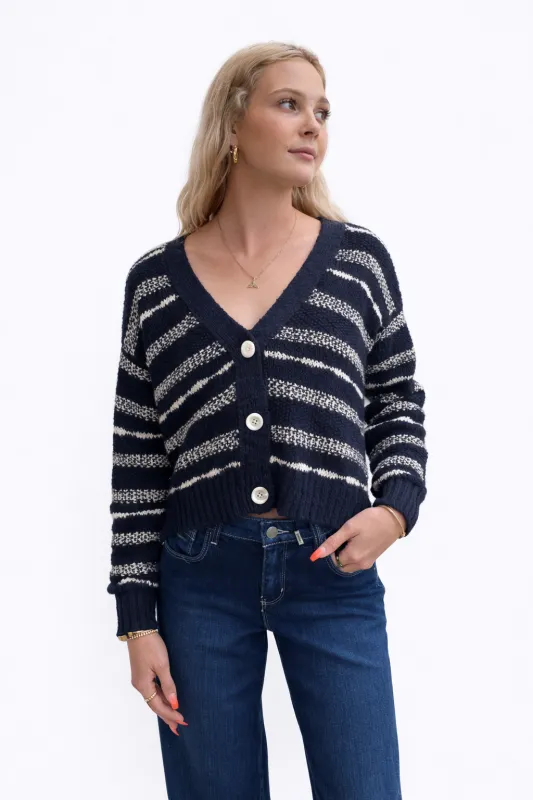 Autumn Cashmere - Cropped V Neck Cardigan in 2-Tone Texture Stitch - Navy/Sand sold by Jessie Boutique