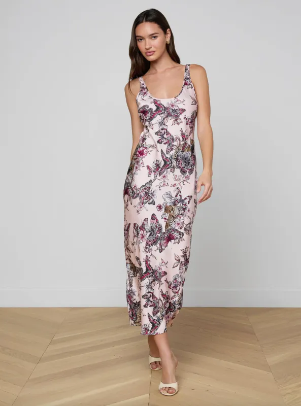 L’agence - Akiya Satin Maxi Dress - Light Nectar Pink Multi Large Butterfly Jungle sold by Jessie Boutique