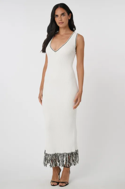 Toccin - Ashtin V-Neck Sleeveless Fringe Midi Dress - Optic Jet sold by Jessie Boutique