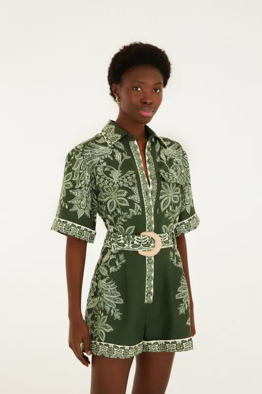 Farm Rio - Miranda Belted Romper - Dark Green sold by Jessie Boutique