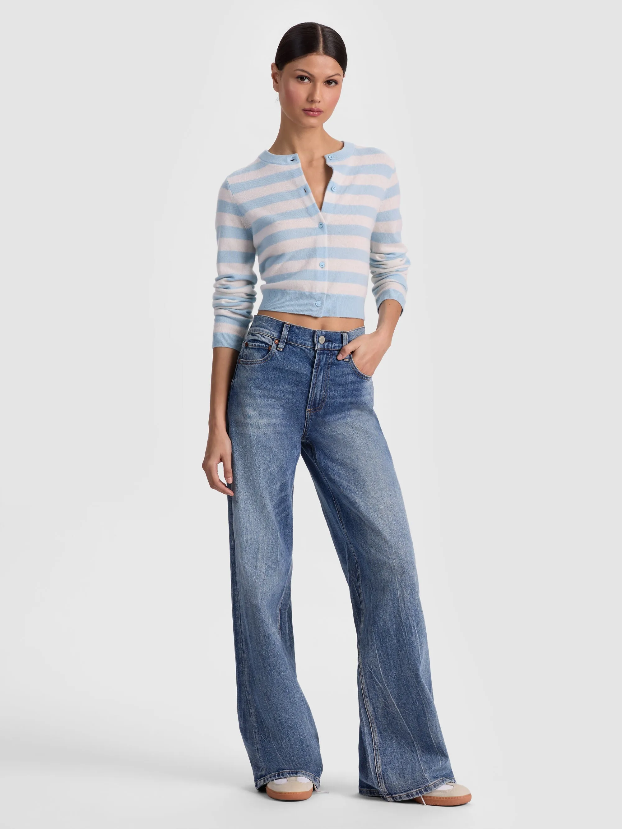 Alice + Olivia - Dollie Striped Cashmere Cardigan - Carolina Blue/Ecru sold by Jessie Boutique product image thumbnail 3