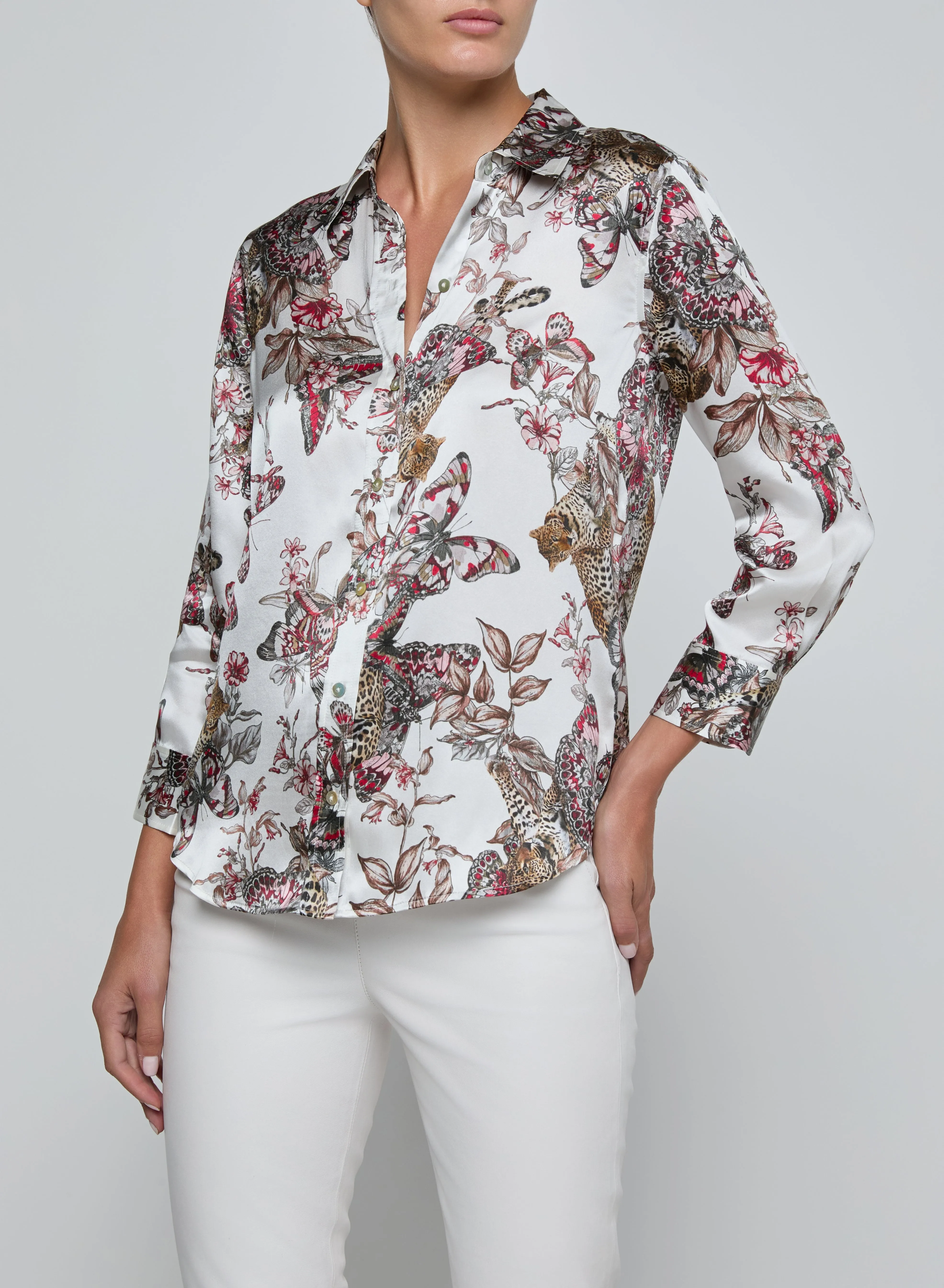 L’agence - Dani Silk Blouse - White Multi Small Butterfly Jungle sold by Jessie Boutique product image thumbnail 2