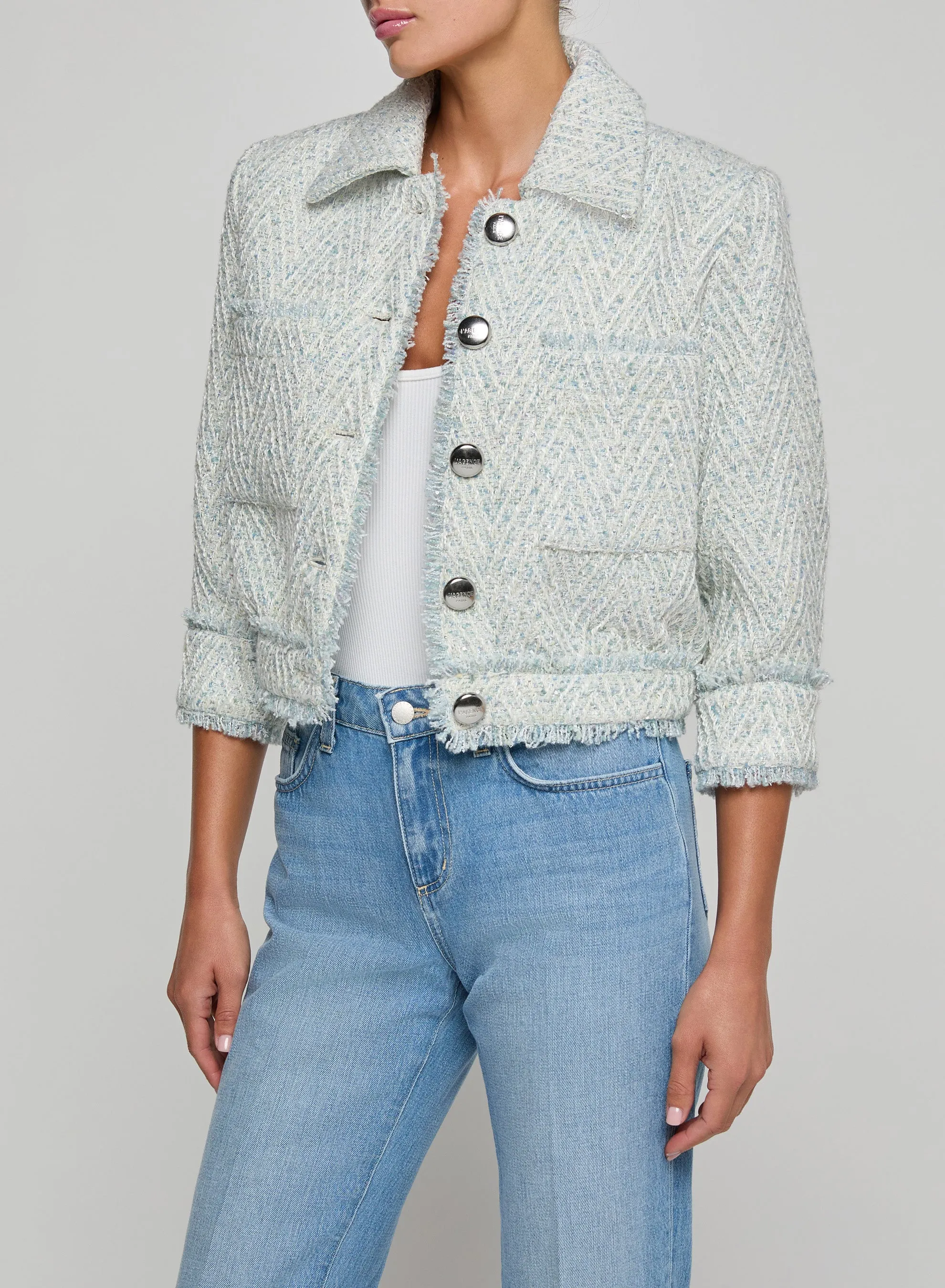 L’agence - Jia Fringed Tweed Jacket - Light Blue/Ivory Chevron sold by Jessie Boutique product image thumbnail 3