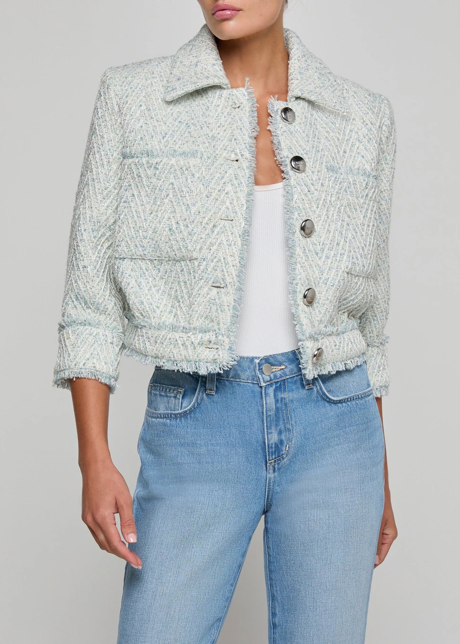L’agence - Jia Fringed Tweed Jacket - Light Blue/Ivory Chevron sold by Jessie Boutique