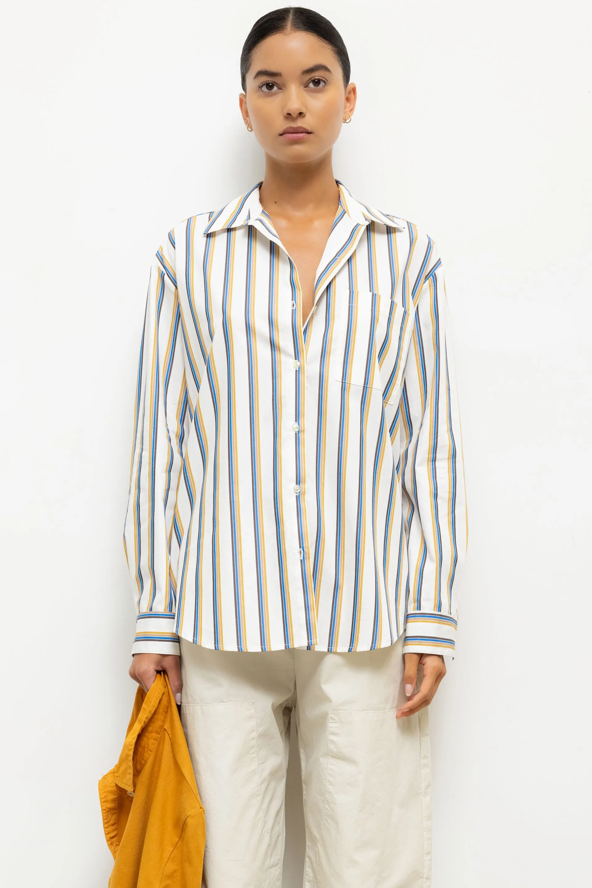 Leset - Yoshi Stripe Classic Oversized Button Down - Parchment Choco Leset Blue Stripe sold by Jessie Boutique
