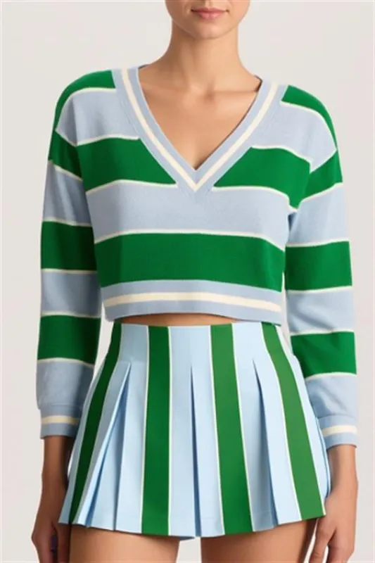 Alice + Olivia - Ayden Cropped V-Neck Pullover - Carolina Blue/Green Apple sold by Jessie Boutique