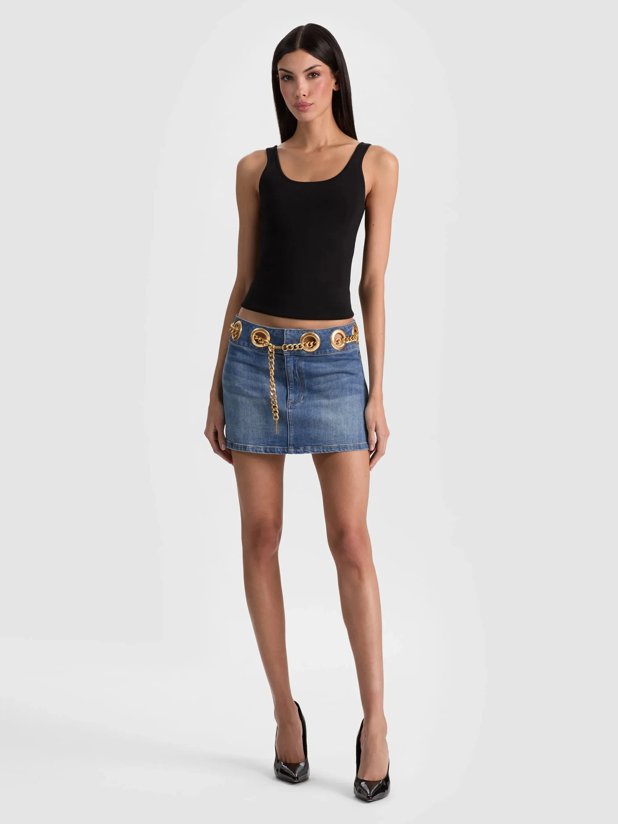 Alice + Olivia - Morgana Chain Belt Denim Mini Skirt - Brooklyn Blue sold by Jessie Boutique product image thumbnail 2