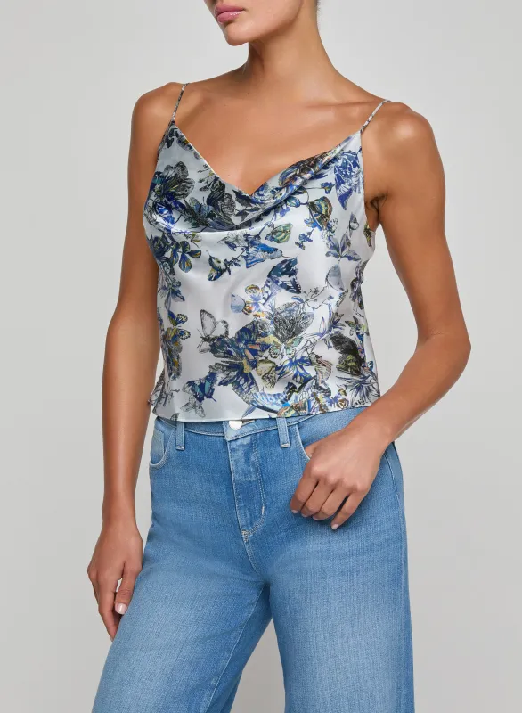 L'agence - Calista Silk Camisole - Grey Multi Watercolor Butterfly made by L'AGENCE