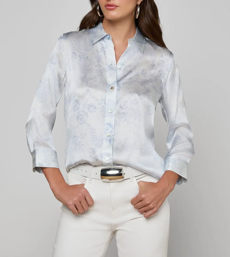 L'agence - Dani Silk Blouse - Ivory/Pale Mist Blue Lace Print sold by Jessie Boutique