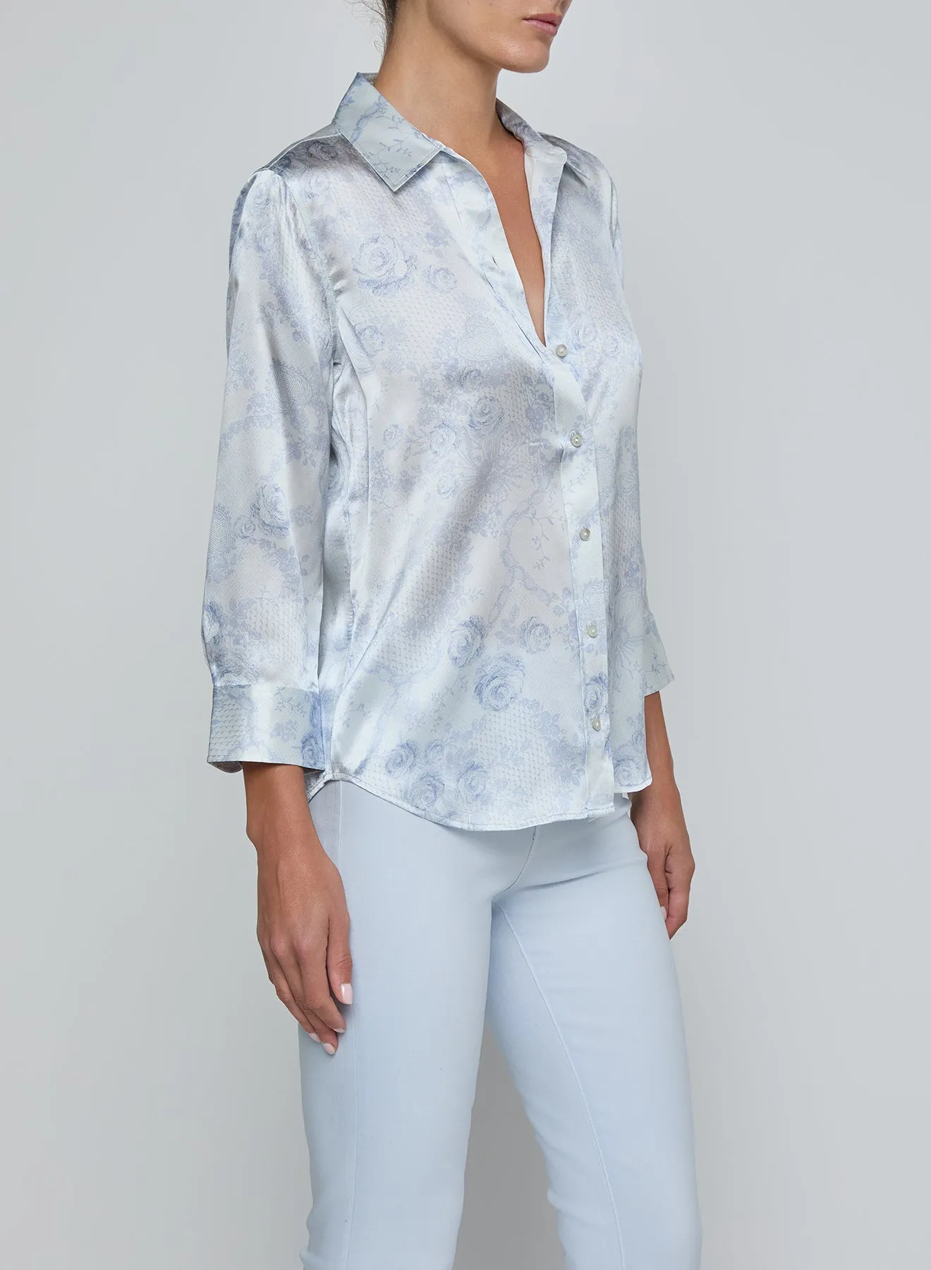 L'agence - Dani Silk Blouse - Ivory/Pale Mist Blue Lace Print sold by Jessie Boutique product image thumbnail 3