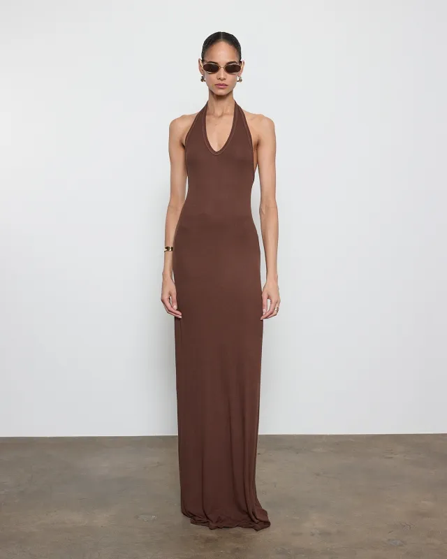 Enza Costa - Silk Rib U-Neck Halter Fluid Maxi Dress - Chocolate made by Enza Costa