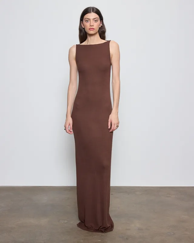Enza Costa - Silk Rib Sleeveless Boatneck Fluid Maxi Dress - Chocolate made by Enza Costa