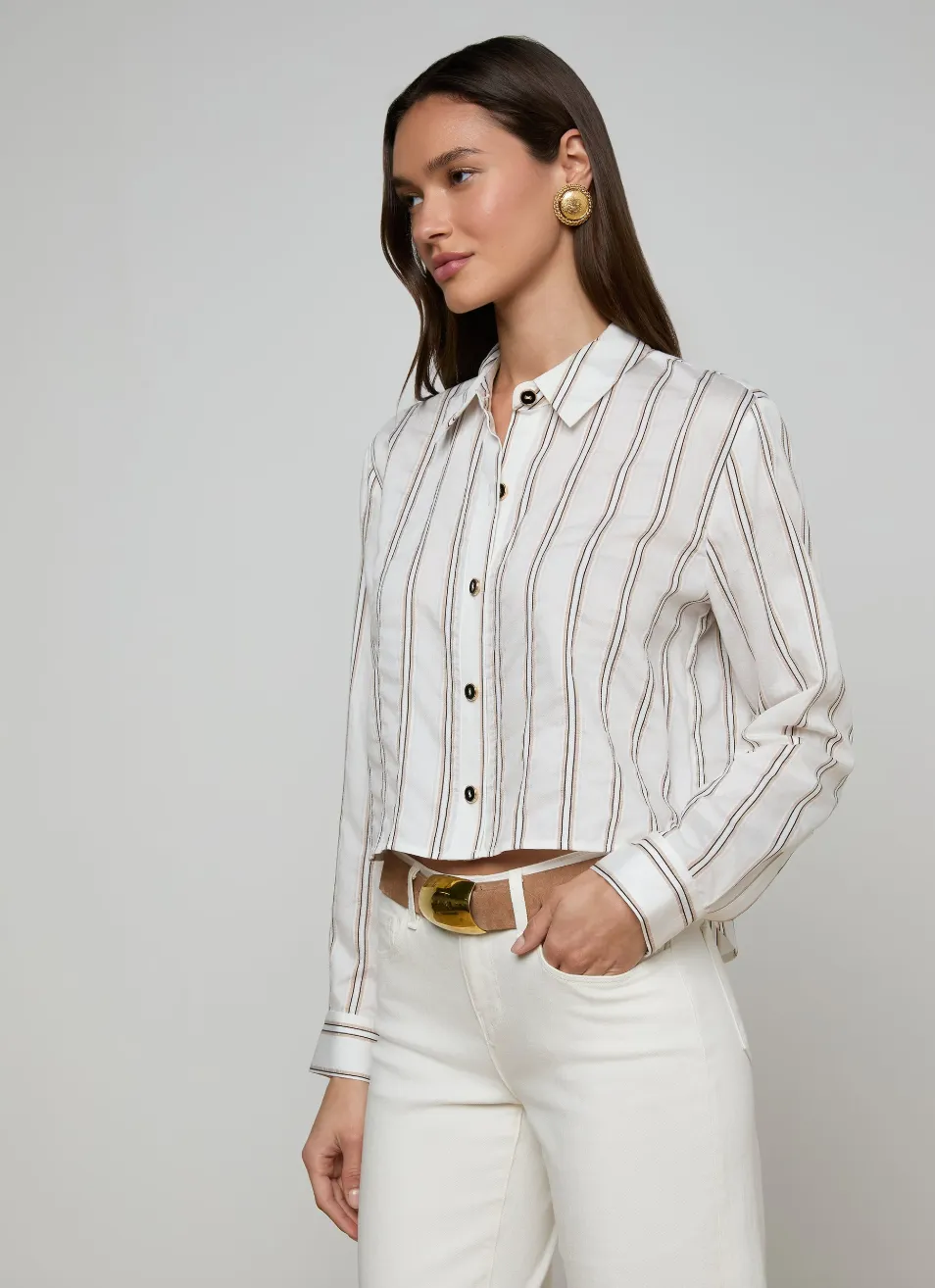 L'agence - Cosette Button-Down Shirt - Ivory/Khaki/Black Stripe sold by Jessie Boutique product image thumbnail 2