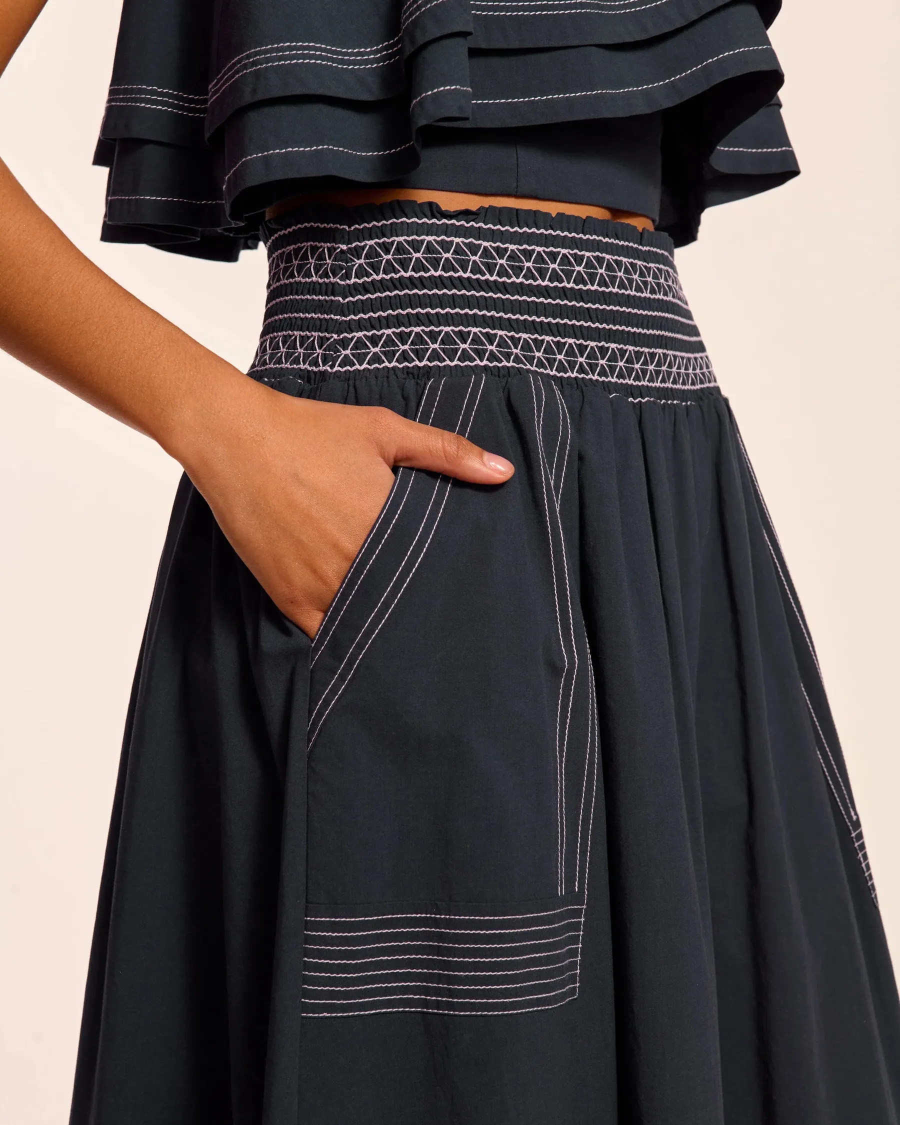 Ramy Brook - Galia Cotton Poplin Smocked Maxi Skirt - Navy sold by Jessie Boutique product image thumbnail 3