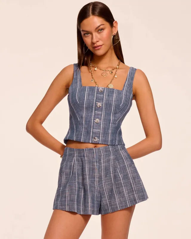 Ramy Brook - Olive Button Front Sleeveless Top - Indigo Stripe made by Ramy Brook