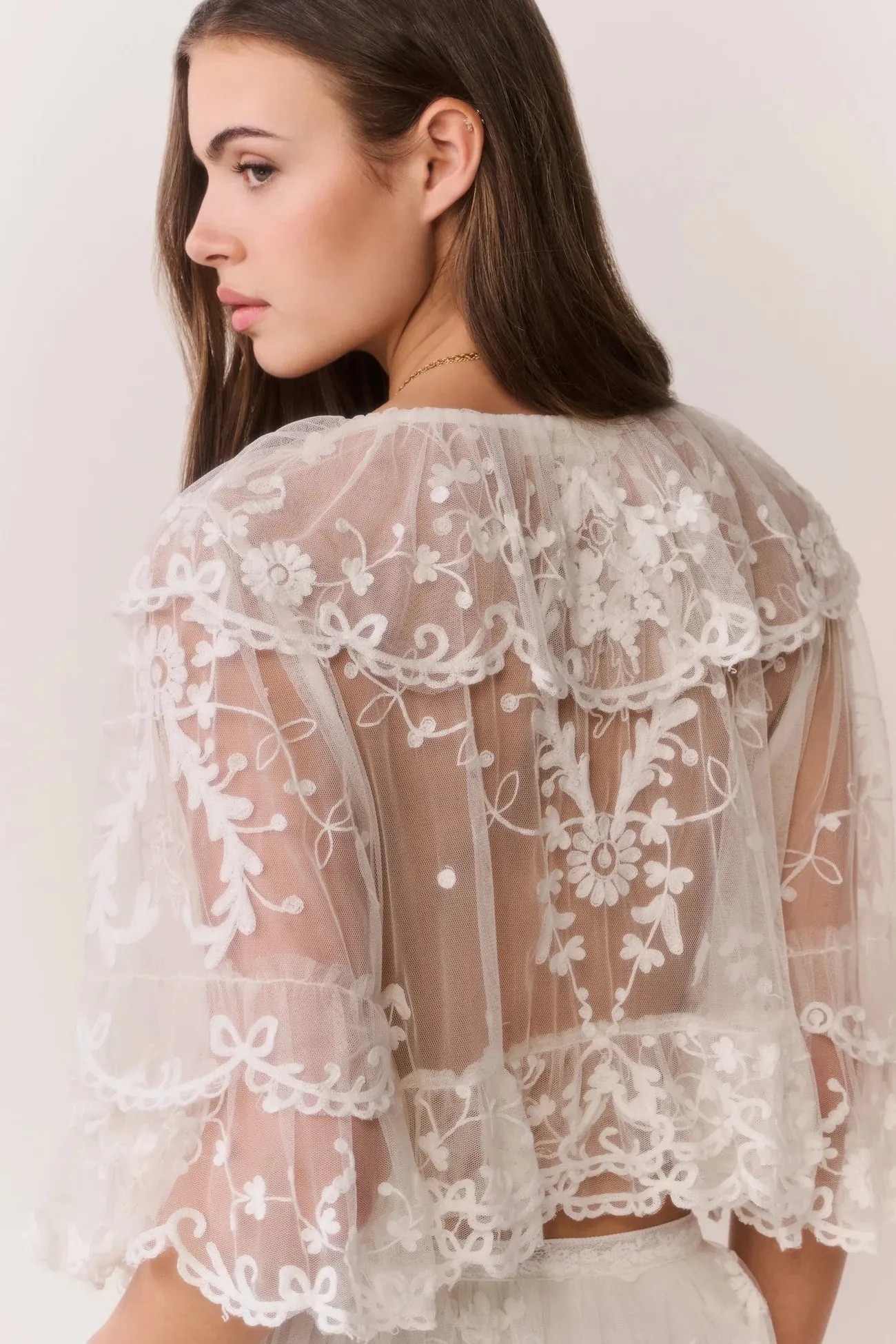 LoveShackFancy - Vessia Sheer Embroidered Mesh Top - Ivory sold by Jessie Boutique product image thumbnail 5