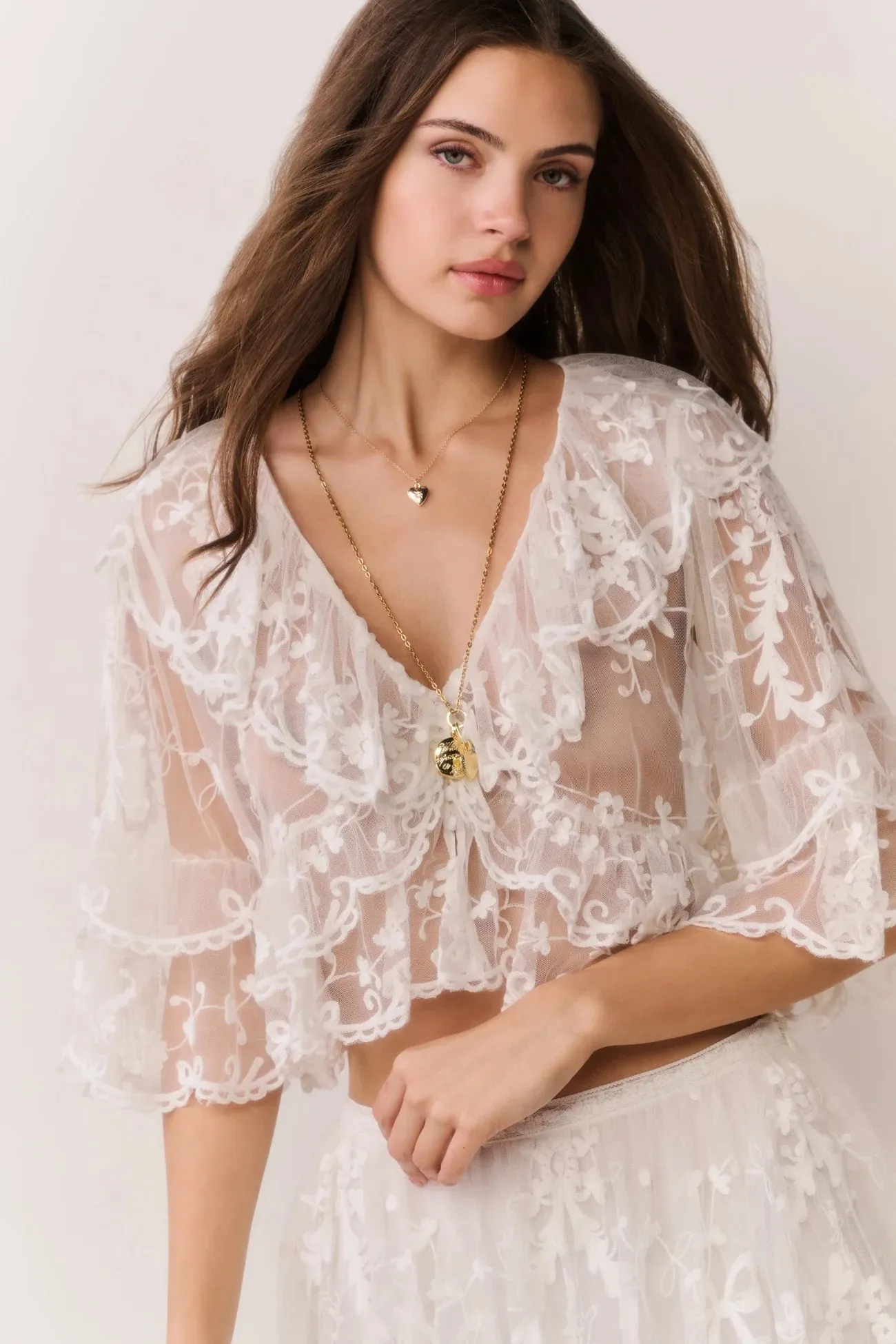 LoveShackFancy - Vessia Sheer Embroidered Mesh Top - Ivory sold by Jessie Boutique product image thumbnail 4
