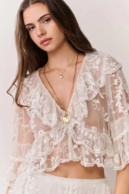 LoveShackFancy - Vessia Sheer Embroidered Mesh Top - Ivory made by LoveShackFancy
