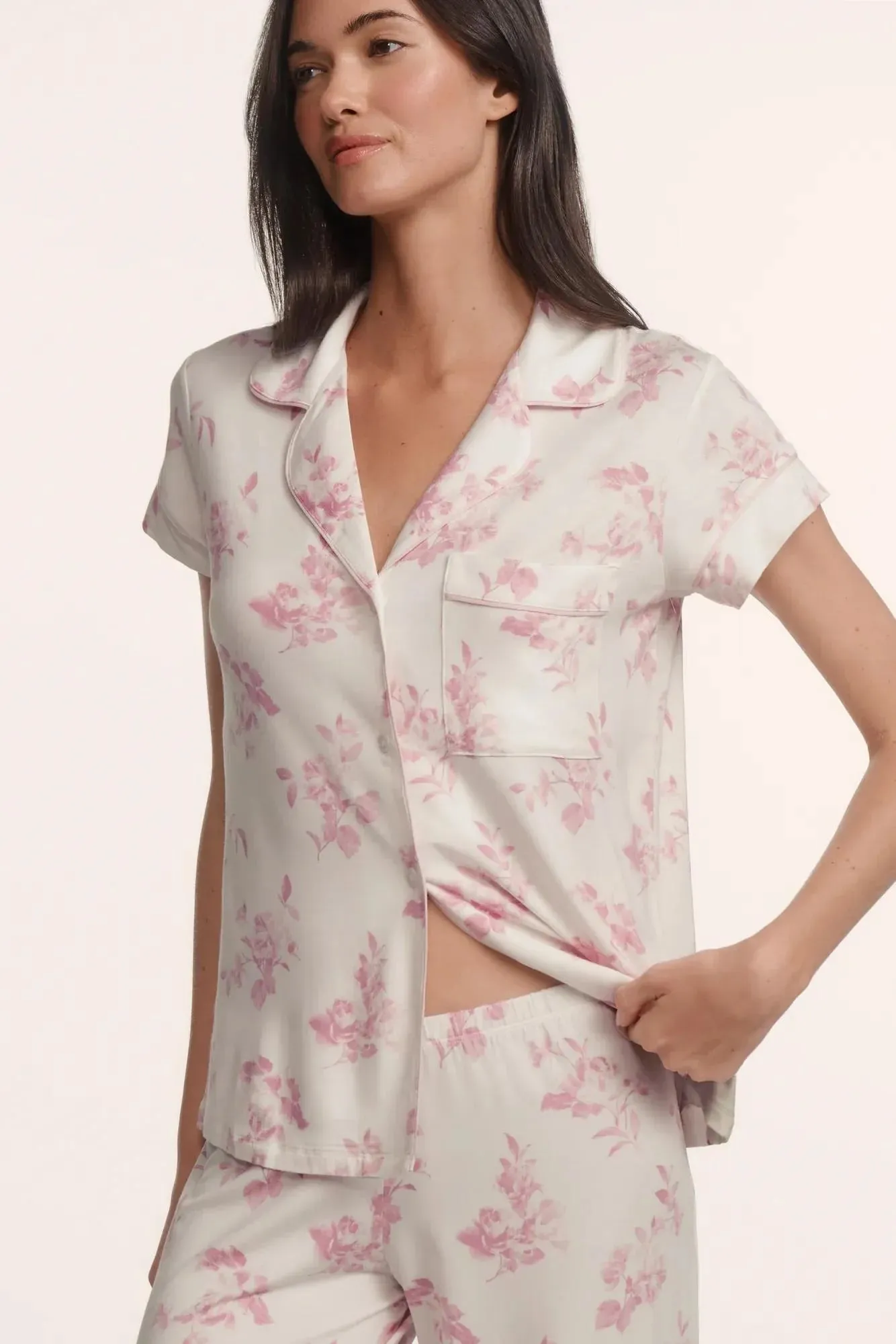 Eberjey - Gisele Printed Short Sleeve Cropped PJ Set - Rose Garden Cameo Pink/Pale Pink sold by Jessie Boutique product image thumbnail 2