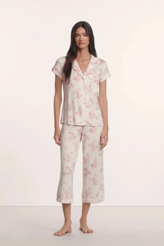 Eberjey - Gisele Printed Short Sleeve Cropped PJ Set - Rose Garden Cameo Pink/Pale Pink made by Eberjey